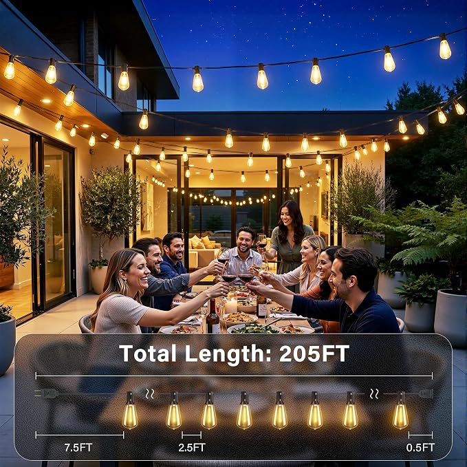 Ollny Outdoor String Lights 205FT, Shatterproof Connectable Patio Lights with 80 ST38 Vintage Edison LED Bulbs, 2200K Warm White Waterproof Outside Lights for for Backyard Porch Balcony Camping Bistro