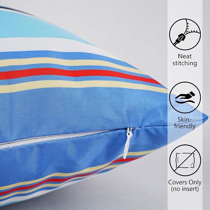 Pyonic Set of 2 Outdoor Pillow Covers 20x20 inch Waterproof Navy Nautical Striped Outdoor Pillow Covers Square Patio Pillows for Patio Tent Garden Beach