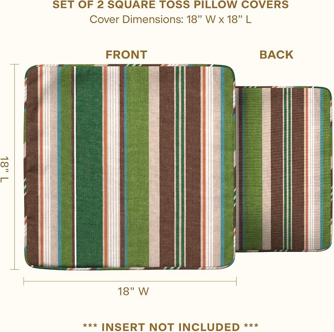 Honeycomb Outdoor Square Toss Pillow Covers, 18 x 18, 2-Pack | Stripe Pine Green Slipcovers, Water & Fade Resistant for Patio Furniture Set, Cover Only, No Insert