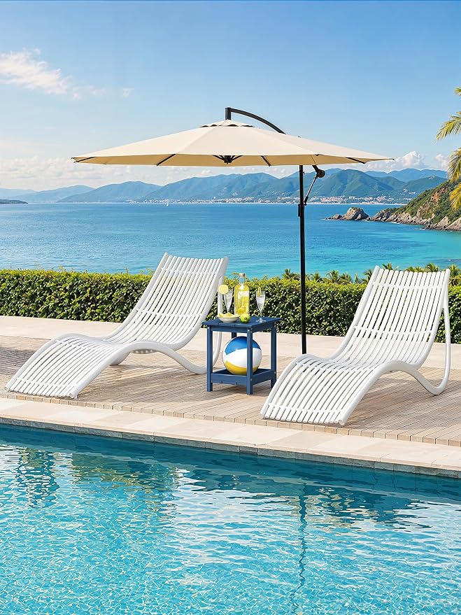 LUE BONA Outdoor Side Table, 2-Tier HDPE Small Outdoor End Table with Rail for Patio, Deck, Poolside, Low Maintenance & Weather Resistant, Prussian Blue