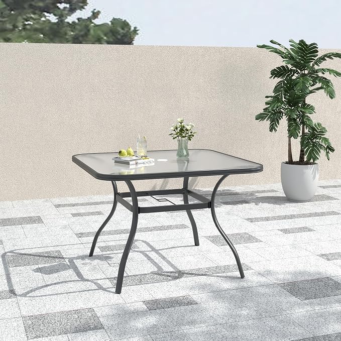 5 Piece Outdoor Dining Set with 37" Square Glass Table and BeigeGrey Chairs | 4 Piece Stackable Chairs Textilene Seat and Back, Table & Chair with Metal Frame, Square Glass Table Top, 1.7" Umbrella Hole