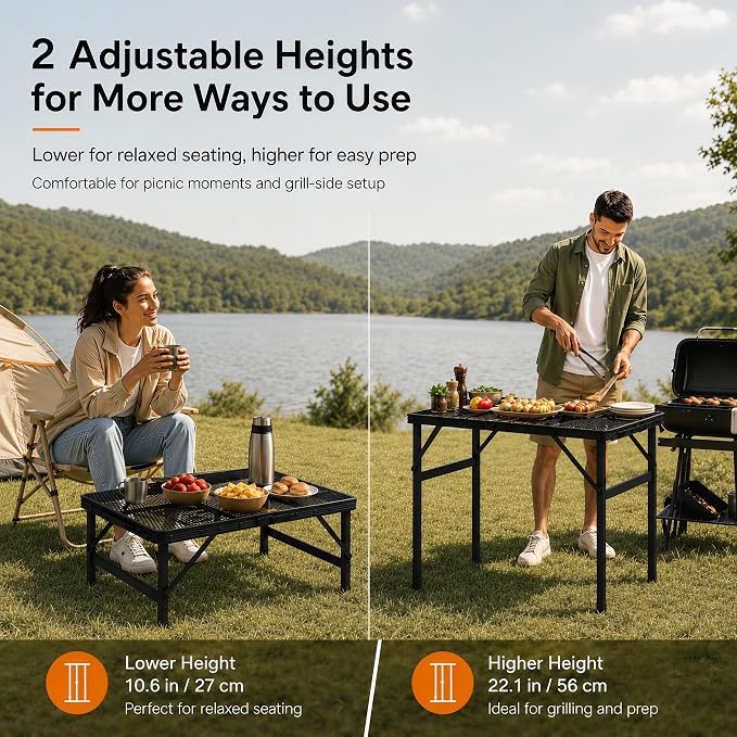 Folding Grill Table Camping Table with Mesh Desktop, Lightweight & Portable Outdoor Picnic Table, Height Adjustable Portable for Outside Inside Use