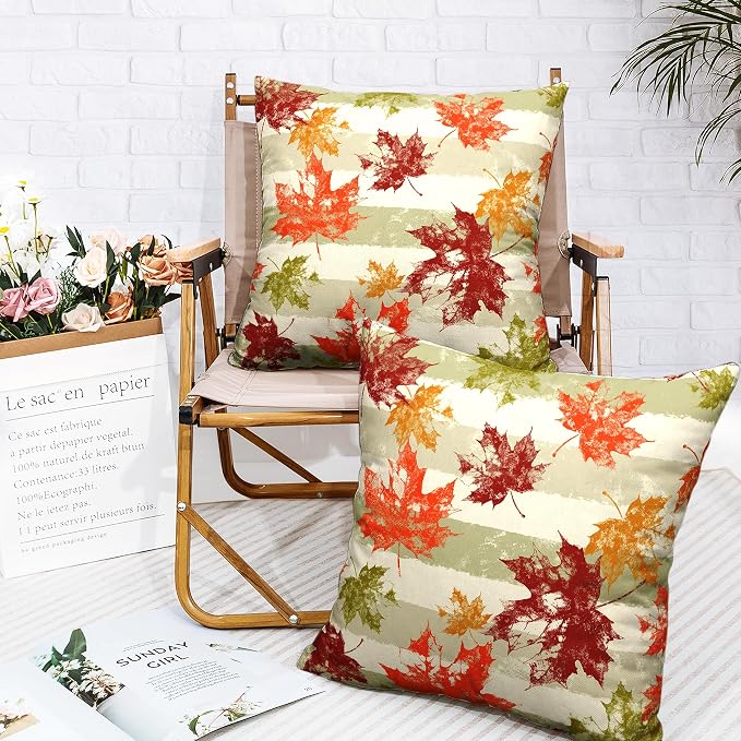 Thanksgiving Orange Red Maple Leaves Throw Pillow Covers 24x24 Green Grey White Stripes Pillow Covers Fall Cotton Linen Decorative Pillow Case for Patio Living Room Couch Set of 2