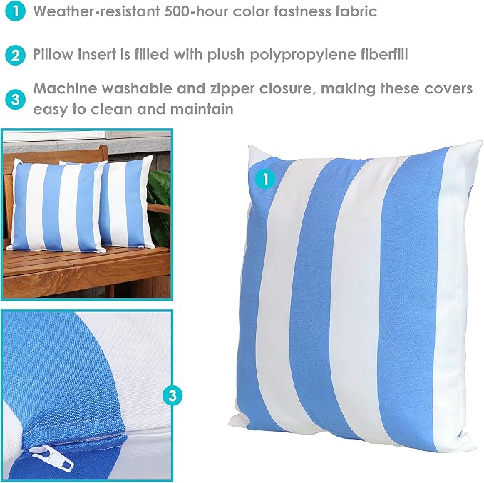 Sunnydaze Indoor and Outdoor Decorative Throw Pillows Set of 2 with Zipper Closures and Inserts - 17-Inch Square Patio Furniture Accents - Weather-Resistant Polyester - Beach-Bound Stripe