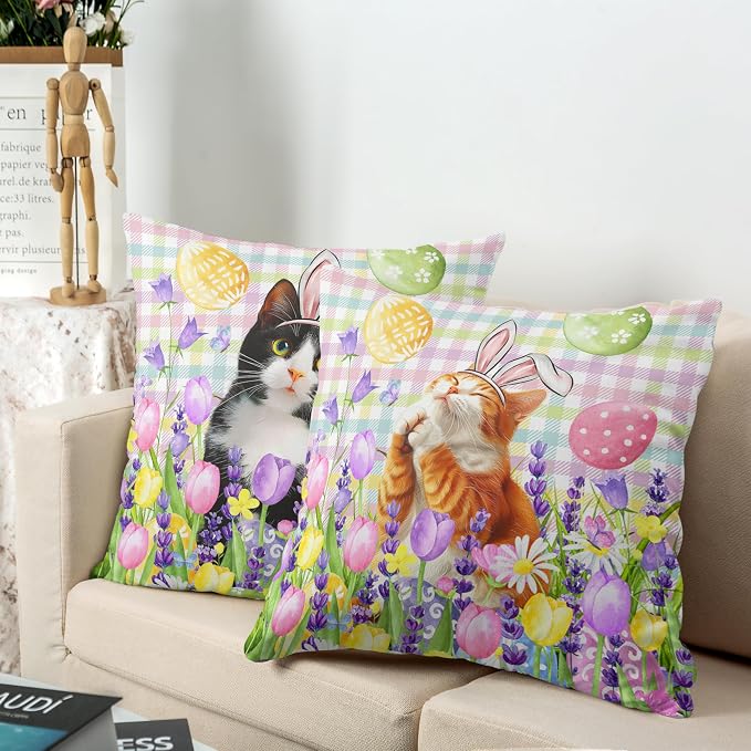 Spring Easter Pillow Covers 16x16 Set of 2 Lovely Cow Cat and Ginger Cat Wearing Bunny Ears Throw Pillow Covers Tulip Floral Pillow Case for Easter Decoration Sofa Patio Garden