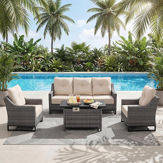 5-Piece Patio Furniture Set, Rattan Wicker Patio Set with Two Outdoor Chairs and Table, Wicker Rattan Outdoor Sofa Set with with Comfy Cushions for for Porch, Garden Poolside Balcon