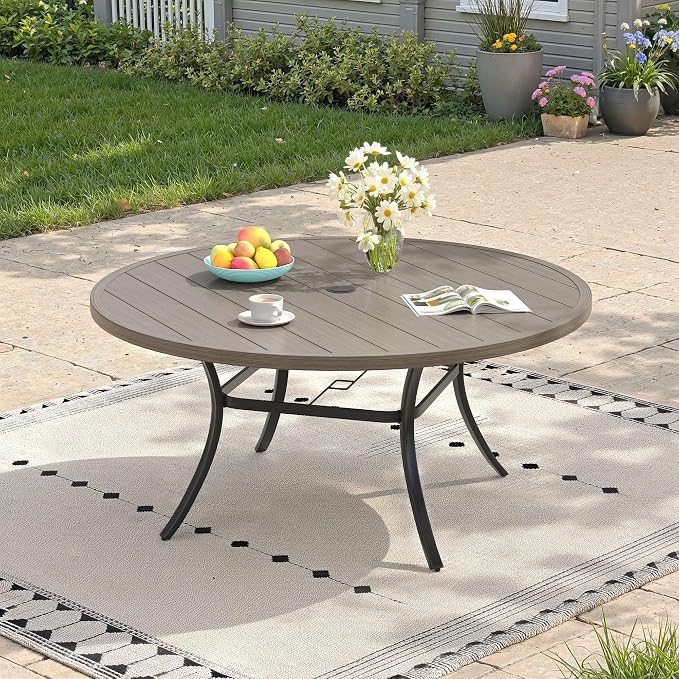 Outdoor Dining Table for 6, 50" Round Outdoor Table with Adjustable Umbrella Hole, All-Weather Metal Patio Dining Table for Lawn Garden Backyard Deck, Grey