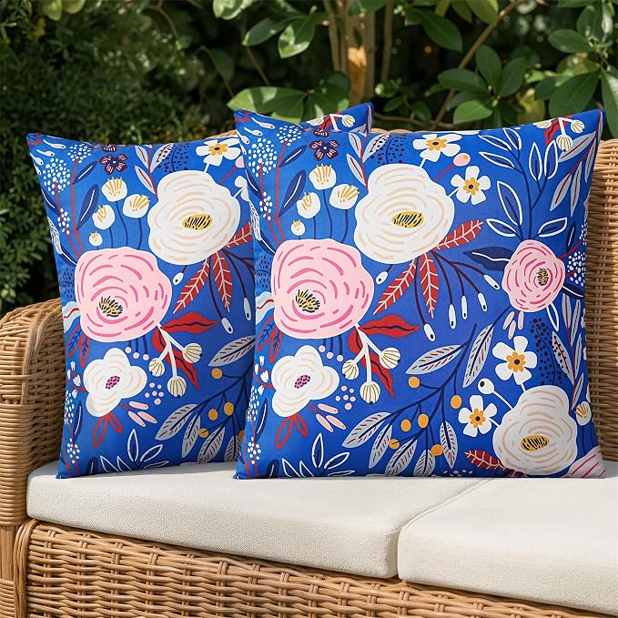 Pyonic Blue Waterproof Outdoor Pillow Covers 18x18 Set of 2, Colorful Floral Decorative Cushion Covers for Patio Furniture, Garden, Balcony,Sunbrella，Boho Nordic Outdoor Indoor Home Decor