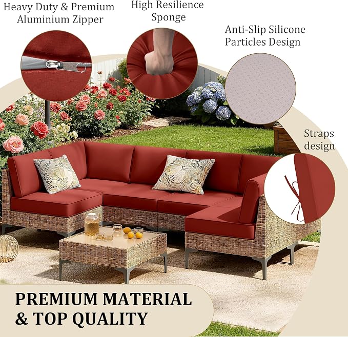 Outdoor Sectional Cushions 14-Piece Replacement Cushions Set for 6-Seat Patio Furniture Waterproof 4'' Thick Outdoor Sofa Cushion Patio Wicker Couch Cushion (Red, 14-Piece Set)