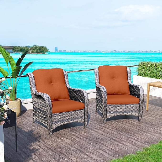 Outdoor Wicker Chair Rattan Dining Chairs Set of 2 PE Wicker Patio Chairs with 4inch Seat Cushions Seating Chair for Garden, Backyard Swimming Pool, Balcony, Orange