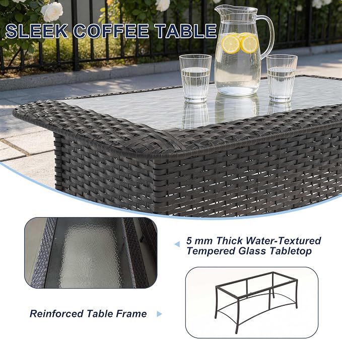 Outdoor Coffee Table with Tempered Glass Top, Wicker Patio Coffee Table Compatible with Patio Furniture Sets for Porch, Deck, Backyard, Brown
