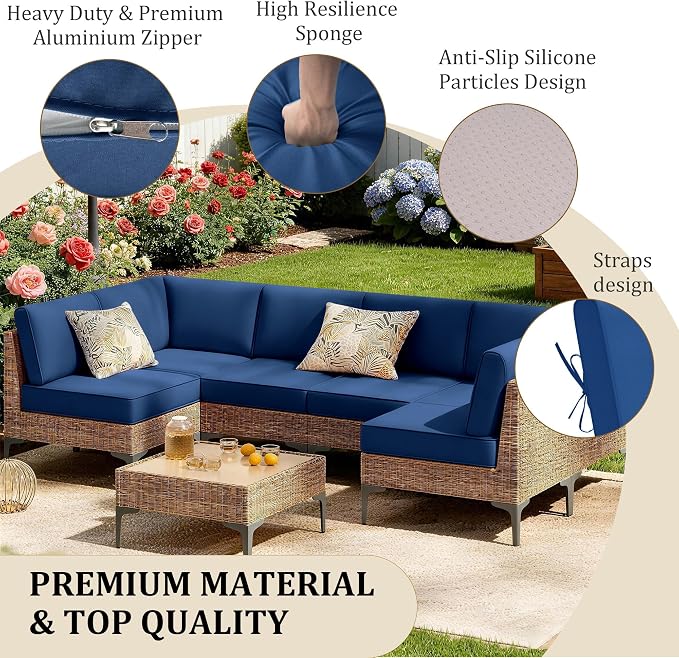 14pc Waterproof Outdoor Couch Cushions for 6 Seat Patio Dark Blue | Water-resistant, UV-resistant,14pc High-Density Foam Replacement Cushions for 6-Seat Outdoor Sectional Furniture