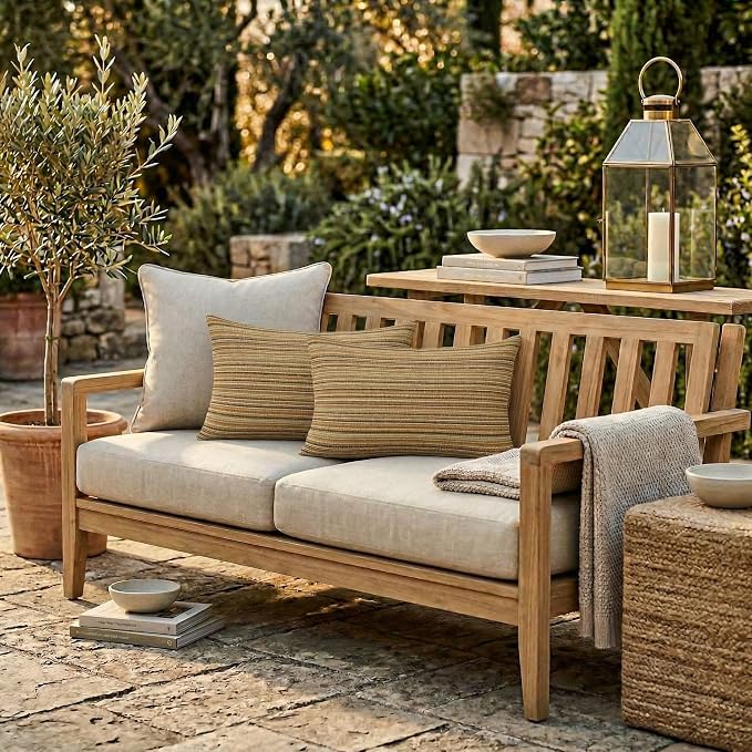 RSH DECOR: Outdura Lumbar Throw Pillows Set of 2 | 20" x 12" | Water and Fade-Resistant Performance Fabric | Outdoor Pillow Covers with Down-Alternative Inserts | Made in USA (Moran Sonoma)