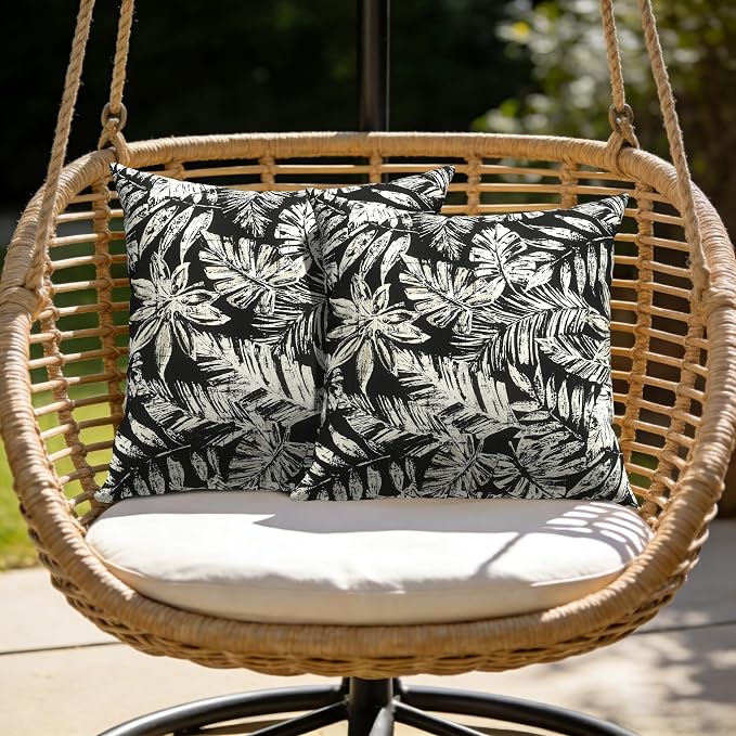 Outdoor Pillow Covers Waterproof 20x20 Inch Set of 2 Tropical Leaf Black Decorative Outside Patio Furniture Cushion Cases Decor for Porch Garden