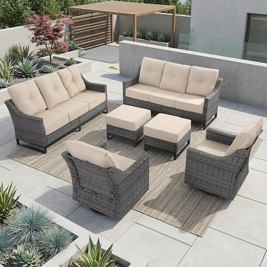6 Piece Patio Furniture Set, Grey Wicker Outdoor Conversation Set with 2 Swivel Rocker Chairs, 2 Ottomans and 2 Sofas, 6-Inch Thick Cushions, Beige Olefin Covers for Patio and Porch