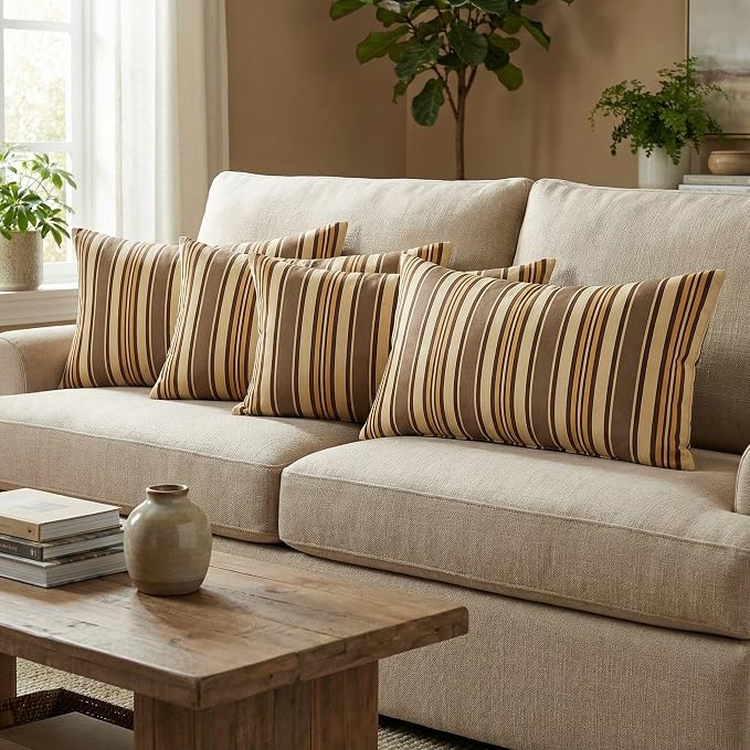 RSH DECOR: Sunbrella 26" x 16" Lumbar Throw Pillows Set of 4 | Water and Fade-Resistant Performance Fabric | Outdoor Pillow Covers with Down-Alternative Inserts | Made in USA (Anthony Praline)