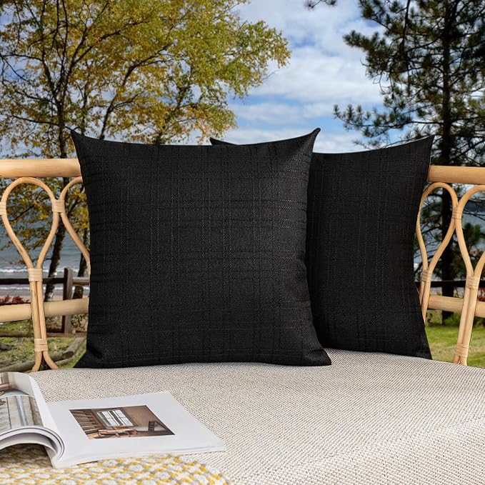 Kevin Textile Outdoor Waterproof 16”x16” Pillow Covers 2 Pack, Black | Water Resistant, Soft Faux Linen-cotton Yarn-dyed Woven Texture Throw Pillow Covers for Tent Patio Garden Couch Sofa