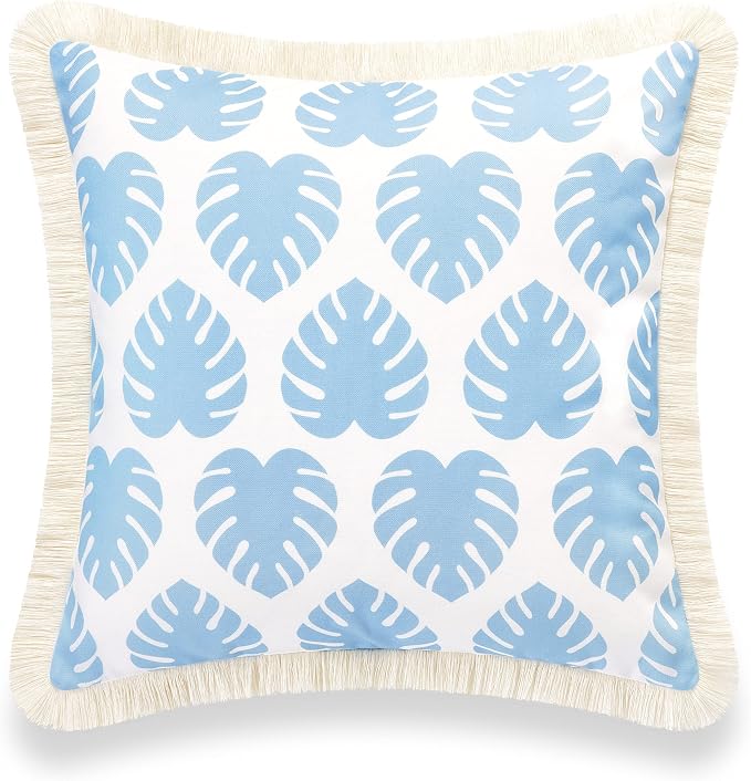 Hofdeco Premium Coastal Hampton Style Patio Indoor Outdoor Pillow Cover Only, 20"x20" Water Resistant for Backyard, Couch, Baby Blue Monstera Leaf Fringe