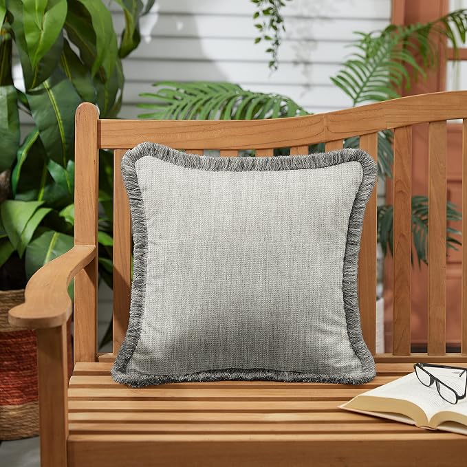 Sorra Home x Sunbrella Fringe Pillow, 18 x 18 x 6 inches, Canvas Granite and Charcoal