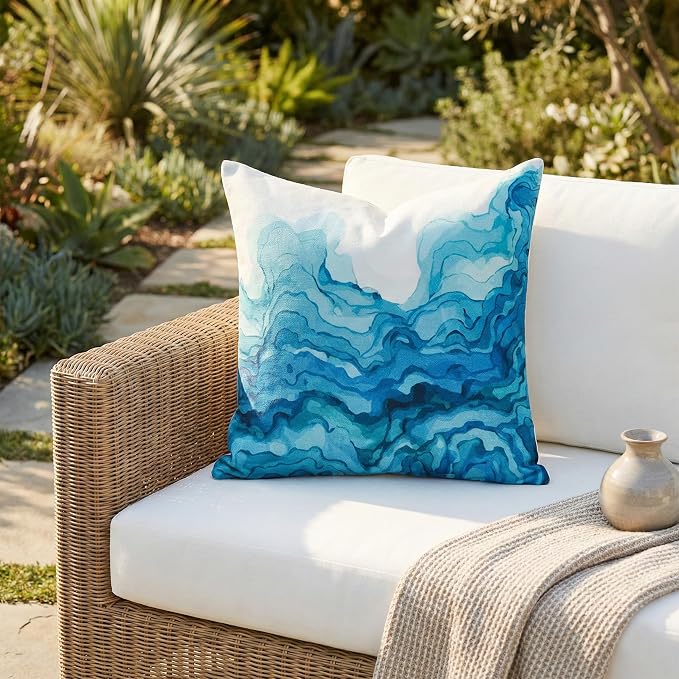 Fab Habitat Indoor/Outdoor Pillows Made from Recycled Polyester Yarn - Stain Resistant, Machine Washable, Insert Included - Patio, Deck, Living Room - Watercolor Waves Teal (18" x 18" - Set of 2)