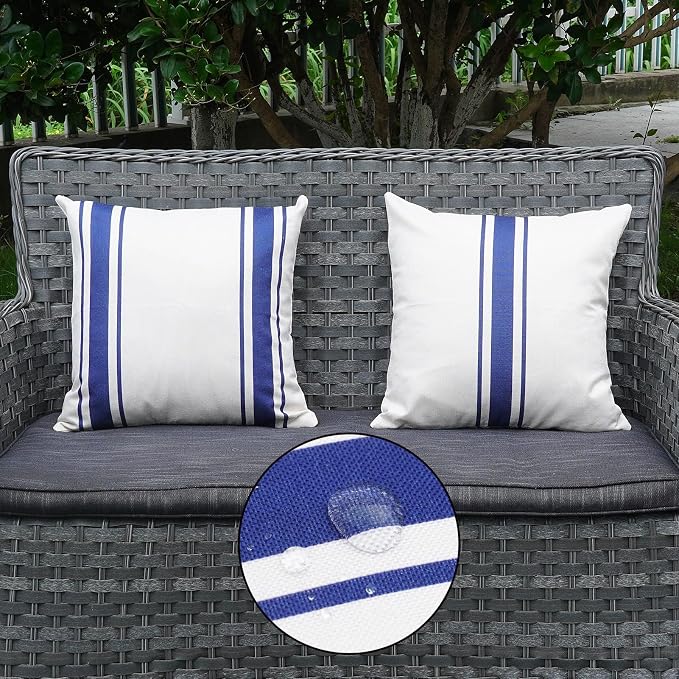 ONWAY Outdoor Pillow Covers Waterproof 18x18 Set of 2 Decorative Linen Throw Pillow Cover Beige and Navy Blue Striped Outdoor Pillows for Patio Furniture