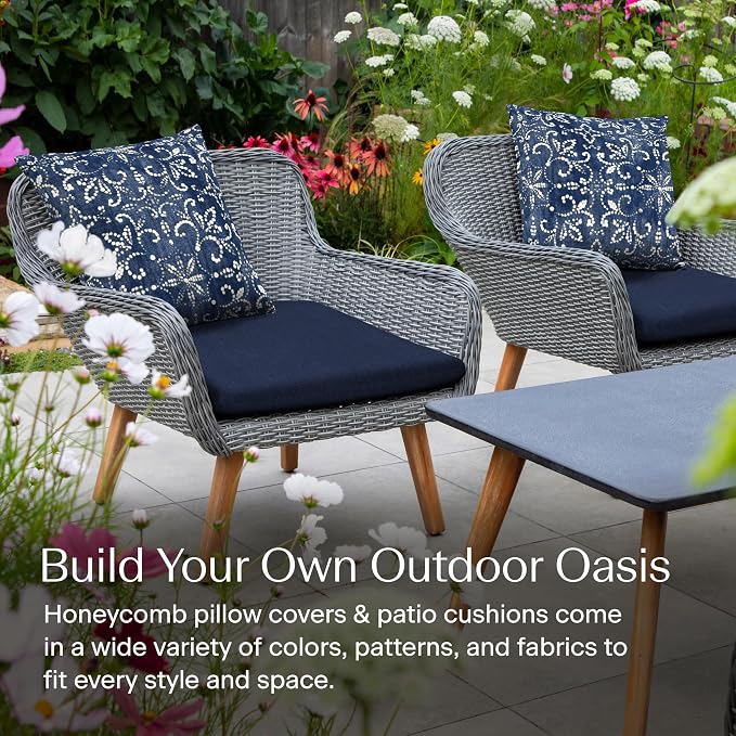 Honeycomb Outdoor Square Toss Pillow Covers, 18 x 18, 2-Pack | Boheme Indigo Slipcovers, Water & Fade Resistant for Patio Furniture Set, Cover Only, No Insert