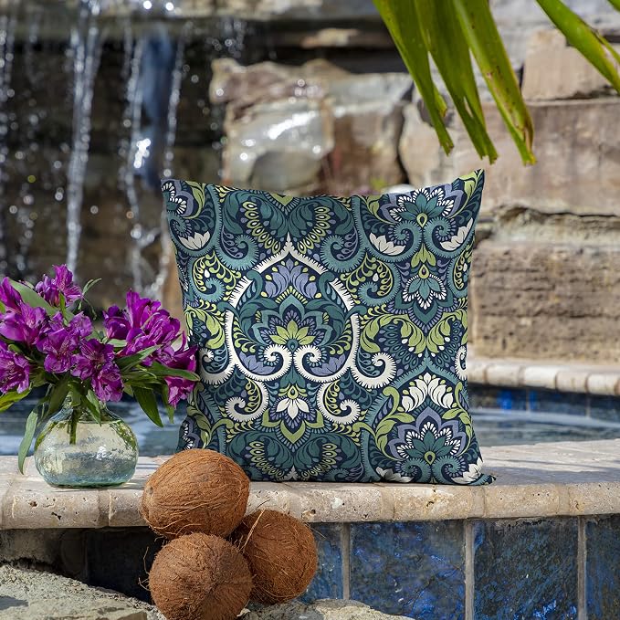 Arden Outdoor Toss Pillow, 4-Pack, 16x16, Blue Damask | Indoor/Outdoor Décor, Set of 4, 16 x 16, Rain-Proof, Fade Resistant, Mold and Mildew Resistant