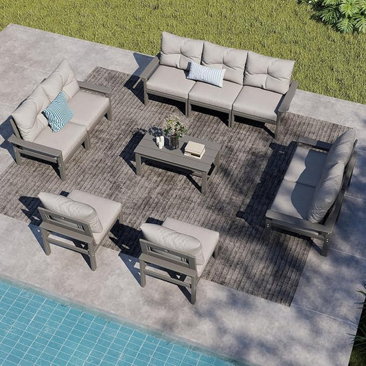 Grey HDPE Outdoor Patio Furniture Set, 10-Piece Patio Conversation Sets with Coffee Table & Washable Thick Cushions, Outdoor Sofa for Garden, Balcony, Porch, Yard, Lawn, Poolside