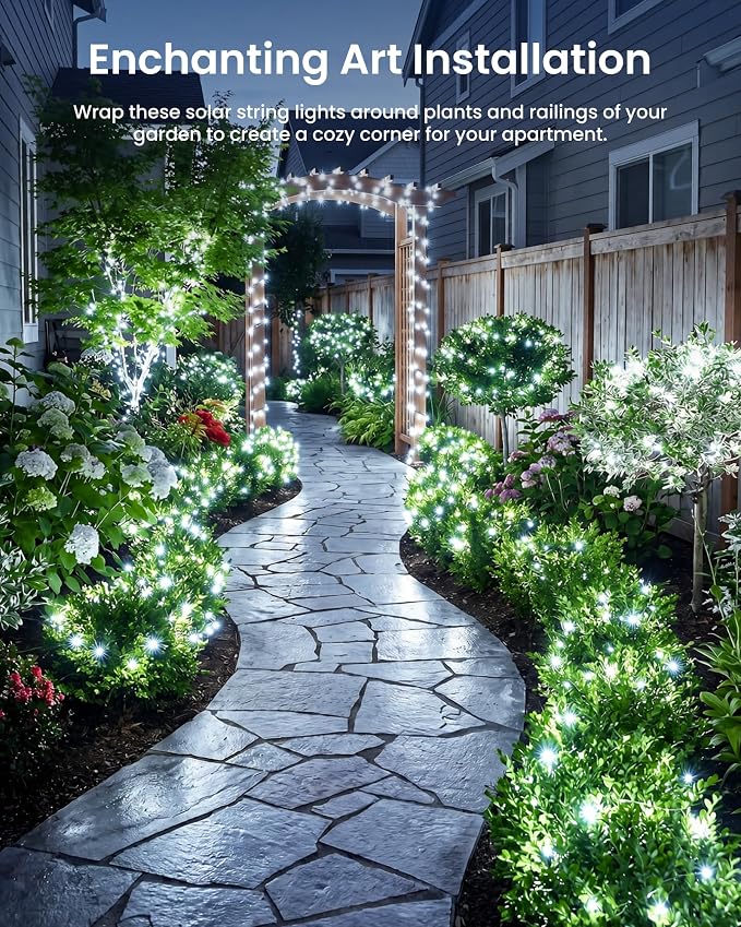 Solar Fairy Lights,33Ft 100 LED Solar String Lights with 8 Modes Pure White | IP65 Waterproof Solar Twinkle Lights Outdoor & Indoor, Patio Lights for Tree Garden Party Wedding Christmas Decoration