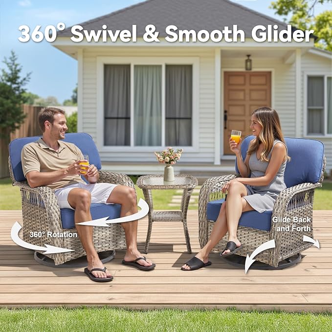 2 PCS Patio Swivel Rocking Chairs, Outdoor Wicker Furniture Set with 5-Inch Thick Olefin Cushions, 360° Swivel Rocker Patio Chairs for Garden, Porch, Backyard, Blue/Gray Wicker