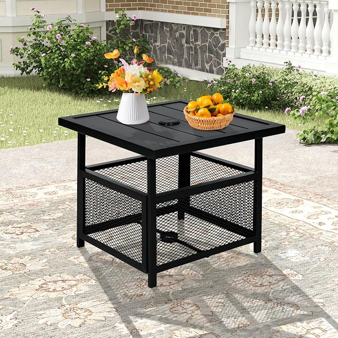 Crownland Outdoor Bistro Patio Square Side Table with 1.57 inches Umbrella Hole for Garden, Swimming Pool, Backyard, Black