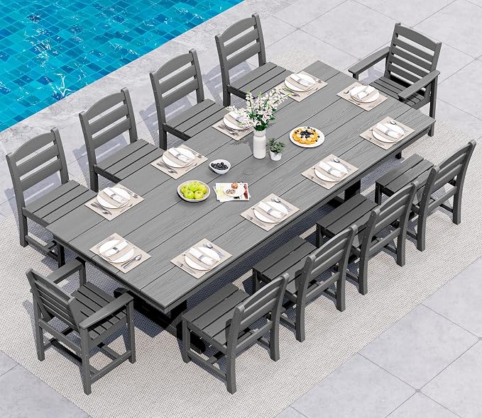 SERWALL Outdoor Dining Chairs Set of 2, All-Weather HDPE Patio Chair with 19.7" Widened Seat, for Backyard, Garden, Gray