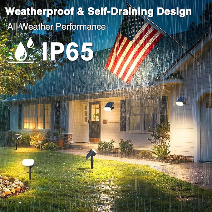 JEJOT Solar Lights Outdoor Waterproof IP65, Super Bright LED with Lens, 3000K 2 Lighting Modes, Solar Powered Yard Garden Solar Spot Lights for Outside Landscape Auto On/Off -6 Pack