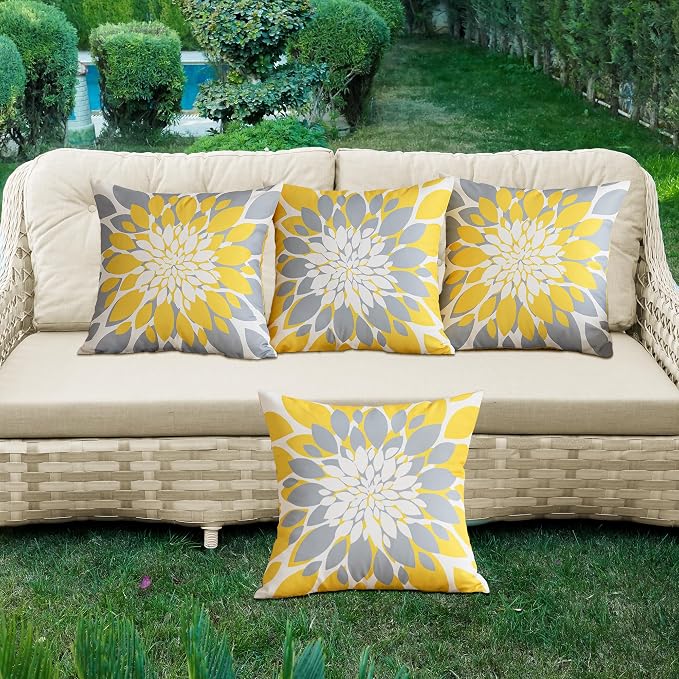 Pack of 4 Fall Outdoor Waterproof Pillow Covers 18x18 Decorative Outdoor Throw Pillows Garden Square Cushion Cases for Patio Furniture, Couch, Tent Sunbrella, Bench, Mustard Yellow Grey