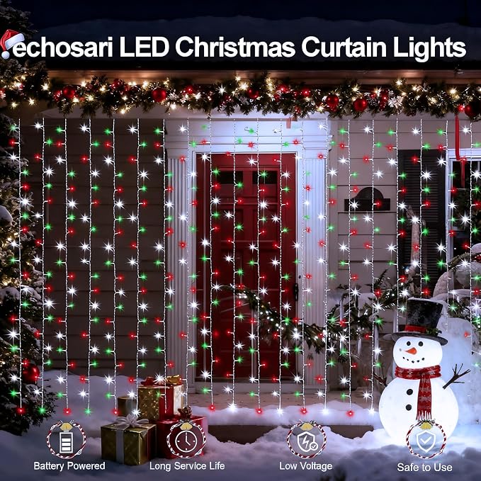 echosari Red White and Green Christmas Curtain Lights Battery Operated | 300 LED Curtain Lights 9.8Ft x 9.8Ft Hanging Lights with Remote Timer for Party Holiday Garden Yard Decor