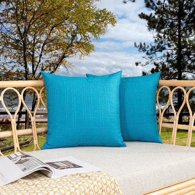 Kevin Textile Outdoor Waterproof 26”x26” Pillow Covers 2 Pack, Peacock Blue | Water Resistant, Soft Faux Linen-cotton Yarn-dyed Woven Texture Throw Pillow Covers for Tent Patio Garden Couch Sofa
