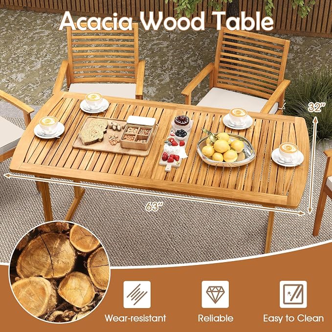 HAPPYGRILL 3 Pieces Acacia Wood Outdoor Dining Set for 4 People, Patio Table & Bench Set with Umbrella Hole, Outside Picnic Furniture