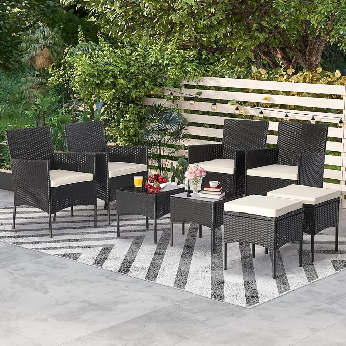 HAPPYGRILL 8 Piece Patio Furniture Set Outdoor Rattan Wicker Sofa Set with 2 Coffee Tables & 2 Ottomans, Rustproof Metal Frame, Soft Seat Cushions, Patio Wicker Conversation Set for Backyard Poolside