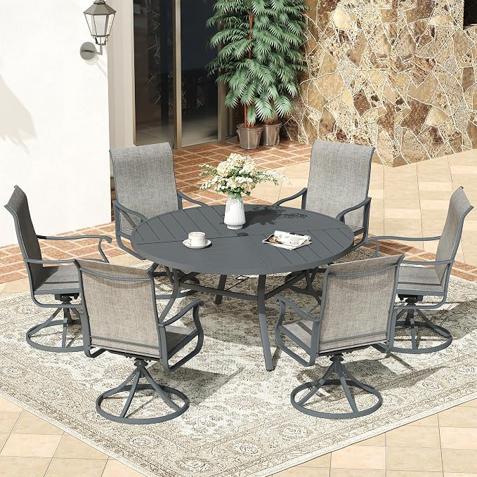 VICLLAX 50" Round Patio Dining Table for 6, All Weather Metal Outdoor Table with 1.57" Umbrella Hole and Surdy Frame for Garden Lawn Deck, Dark Grey