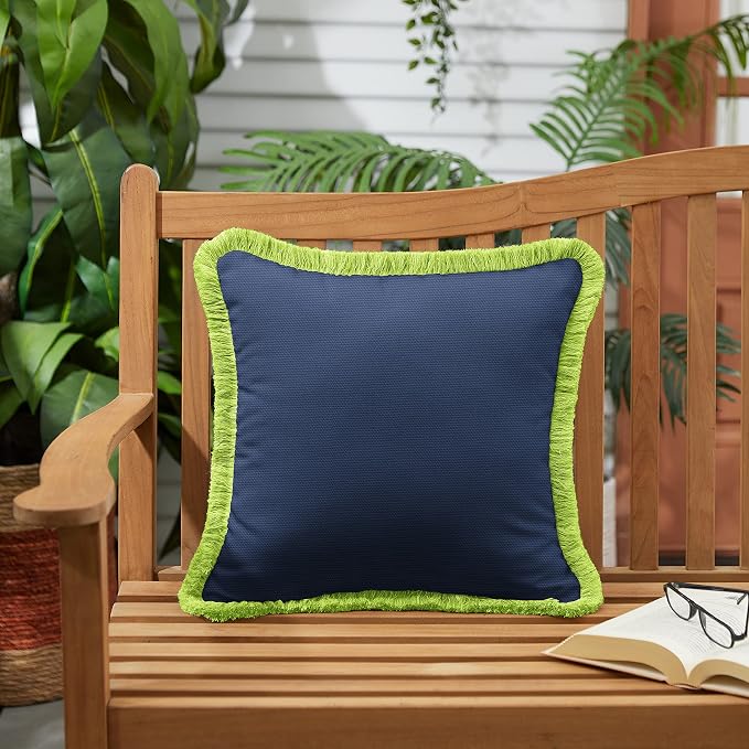 Sorra Home x Sunbrella Fringe Pillow, 18 x 18 x 6 inches, Canvas Navy and Amande
