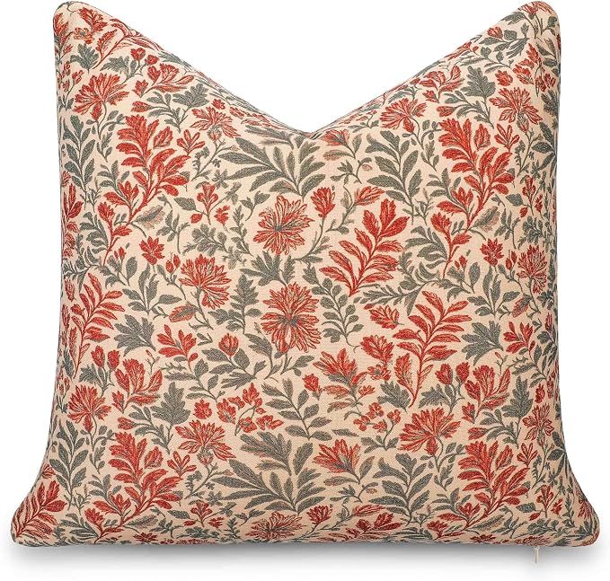 Modern Farmhouse California Casual Indoor Outdoor Throw Pillow Cover, 20"x20" Water Repellent for Patio, Backyard, Couch, Poolside, Rust Orange Print Sketch Botanical Flowers and Leaves