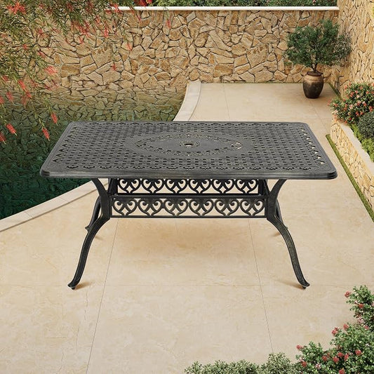 Clihome 59" Outdoor Dining Table 6-Person Cast Aluminum Patio Table with 2" Umbrella Hole Rectangle Patio Dining Table for Yard, Garden, Patio B