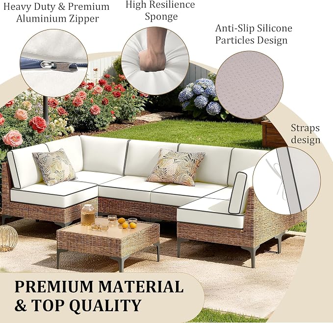 14pc Waterproof Outdoor Couch Cushions for 6 Seat Patio Cream+Black Piping | Water-resistant, UV-resistant,14pc High-Density Foam Replacement Cushions for 6-Seat Outdoor Sectional Furniture