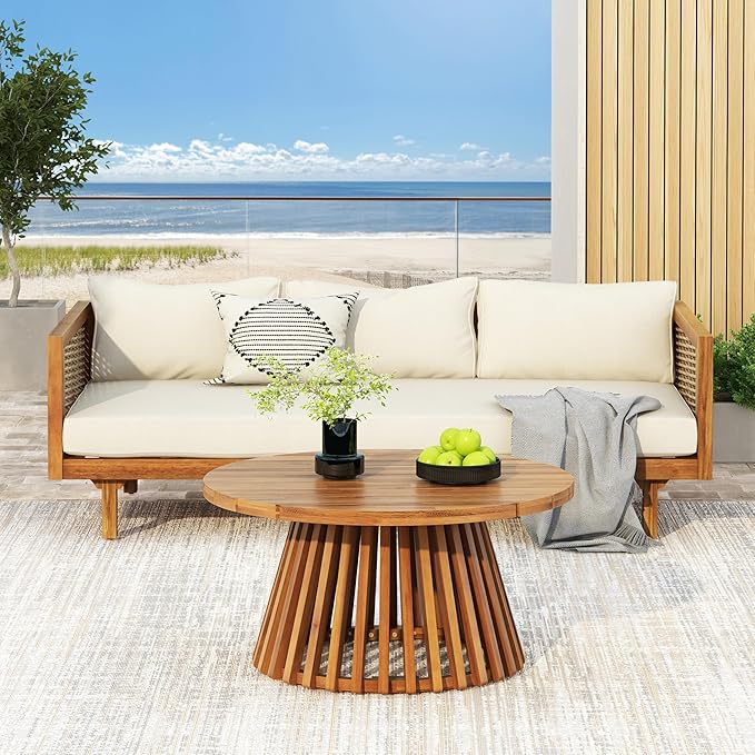 Merax Outdoor Acacia Wood Conversation Set - Patio 3-Seat Loveseat Sofa w/Coushion and Round Coffee Table for Backyard, Lawn, Balcony, Teak+Beige