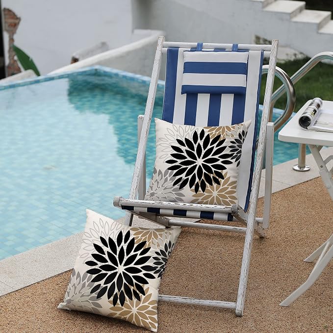 DFXSZ Outdoor Waterproof Pillow Covers 16x16 Set of 2 Black Brown Flower | Spring Summer Waterproof Flower Throw Pillowcases（No Inserts）Outdoor Decor for Patio Funiture Garden Polyester Covers