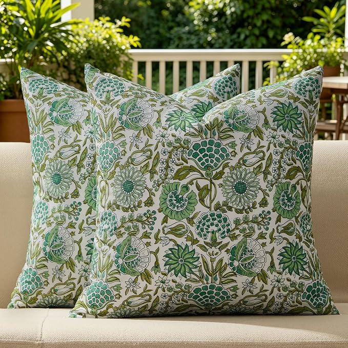 Allorry Outdoor Waterproof Pillow Covers 20x20 Green Floral Outdoor Decor | Set of 2 Vintage Floral Block Print Pillow Cover,Farmhouse Boho Decorative for Spring Summer Outdoor Sofa Bedroom Decor