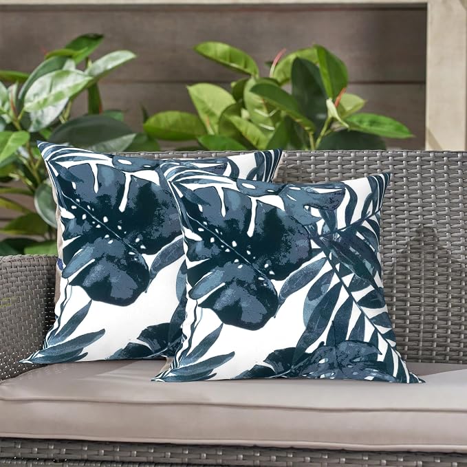 LVTXIII Outdoor Throw Pillows, Decorative Throw Pillows with Inserts, 16"x16" Square Pillows for Bed, Couch, Sofa and Patio Furniture, Set of 2, Palm Blue