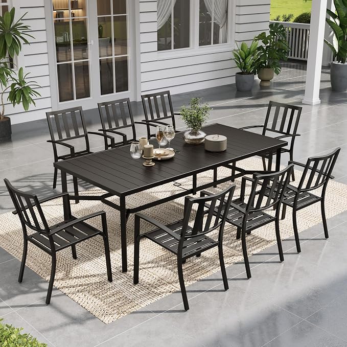 Sophia & William Patio Table and Chairs Set, Outdoor Dining Set for 8, 9 Piece Metal Patio Furniture, 82.7" Black Rectangular Table(Stripe)