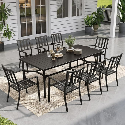 Sophia & William Patio Table and Chairs Set, Outdoor Dining Set for 8, 9 Piece Metal Patio Furniture, 82.7" Black Rectangular Table(Stripe)