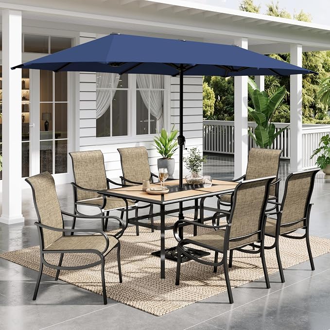 Sophia & William Patio Set with Umbrella Outdoor Dining Set with 13ft Navy Umbrella, 6 x Fixed Dining Chairs, 1 Wood Like Patio Table for Lawn Garden Backyard Pool (Umbrella Base Not Included)